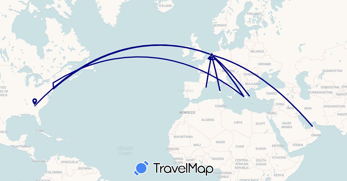 TravelMap itinerary: driving in United Arab Emirates, Belgium, Germany, Spain, Greece, Italy, Netherlands, United States (Asia, Europe, North America)